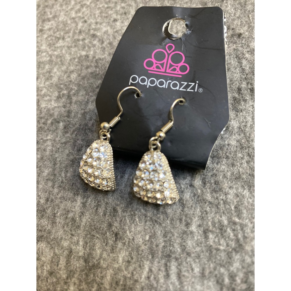 Paparazzi Silver Tone White Rhinestone Tapered Bell Drop Earrings Fishhook 1.25"